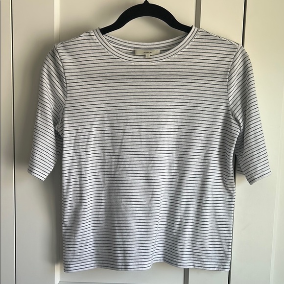 Vince Micro Striped White and Blue Top | S - Picture 1 of 3